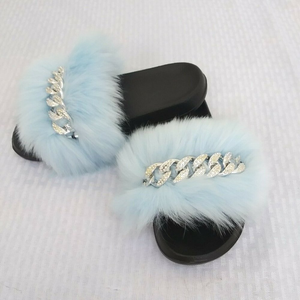 Light Blue Faux Fur Slides/Slippers/With Chain